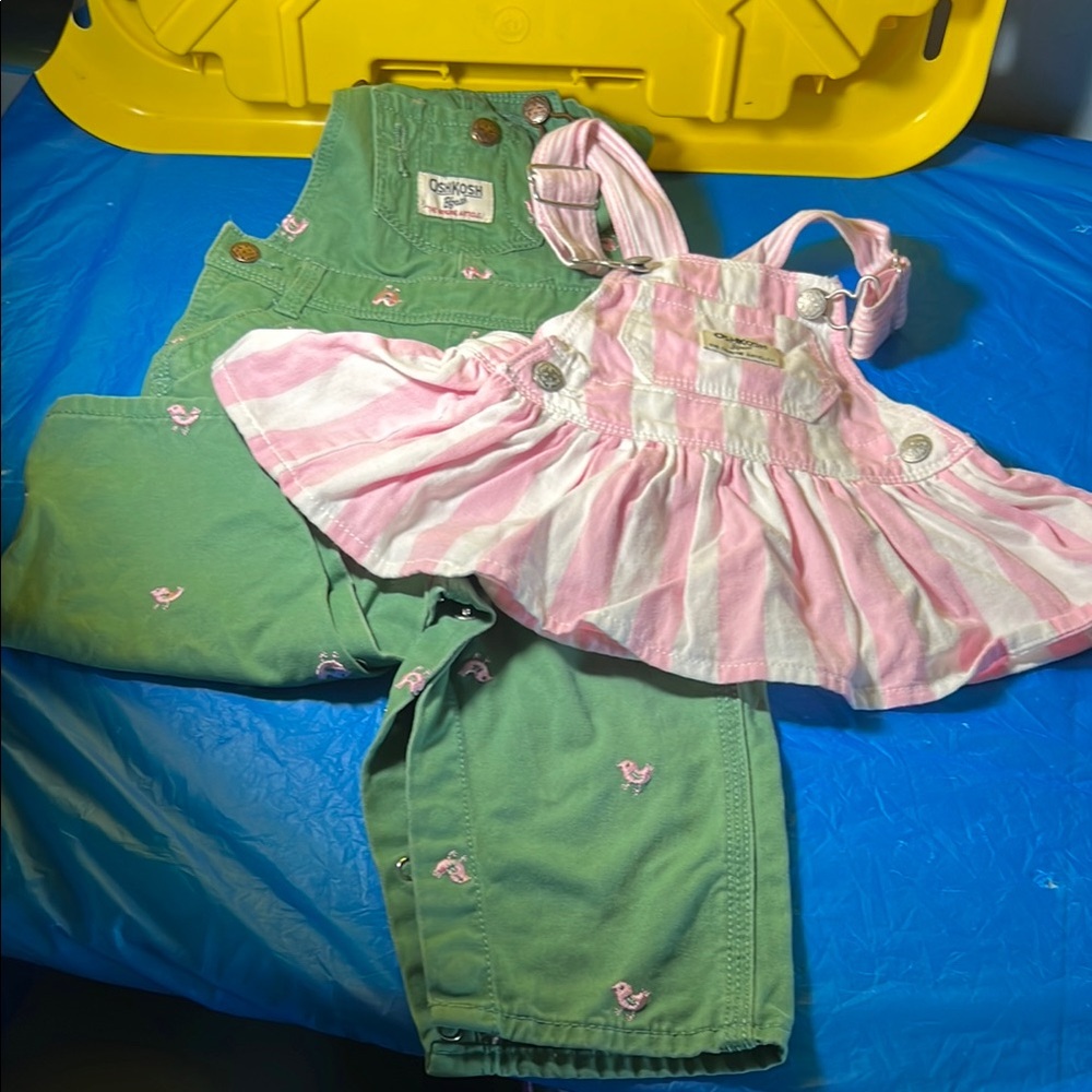 OshKosh B'gosh Green and Pink Kids Overalls lot